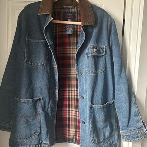 Flannel Lined Denim Jacket with Brown Corduroy Collar